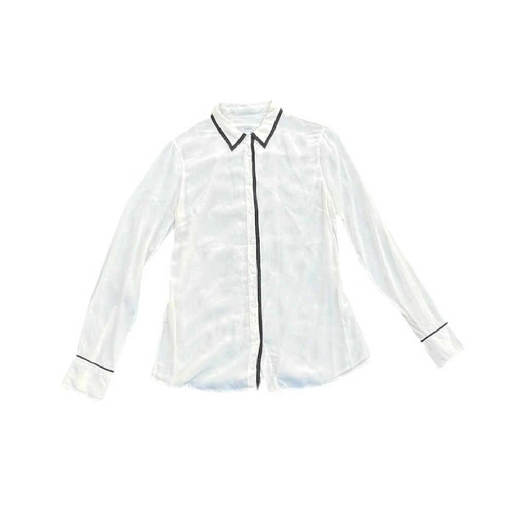 J. Crew White Silk Button Down Off White Silk Shirt with Black Trim